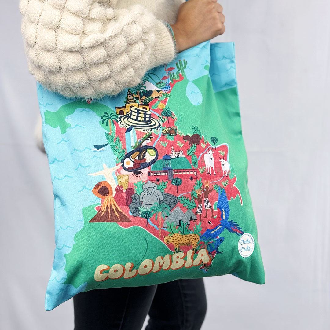 tote bag en dril, estampada con diseño de Mapa de Colombia - Chaló Chaló